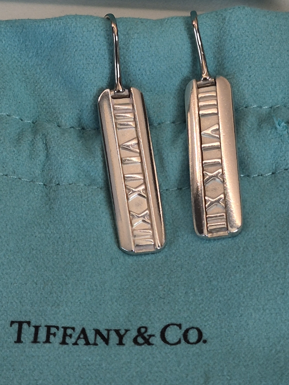 Tiffany & Co. Sterling Silver Atlas Drop Earrings, Retired, Tiffany Box & Pouch